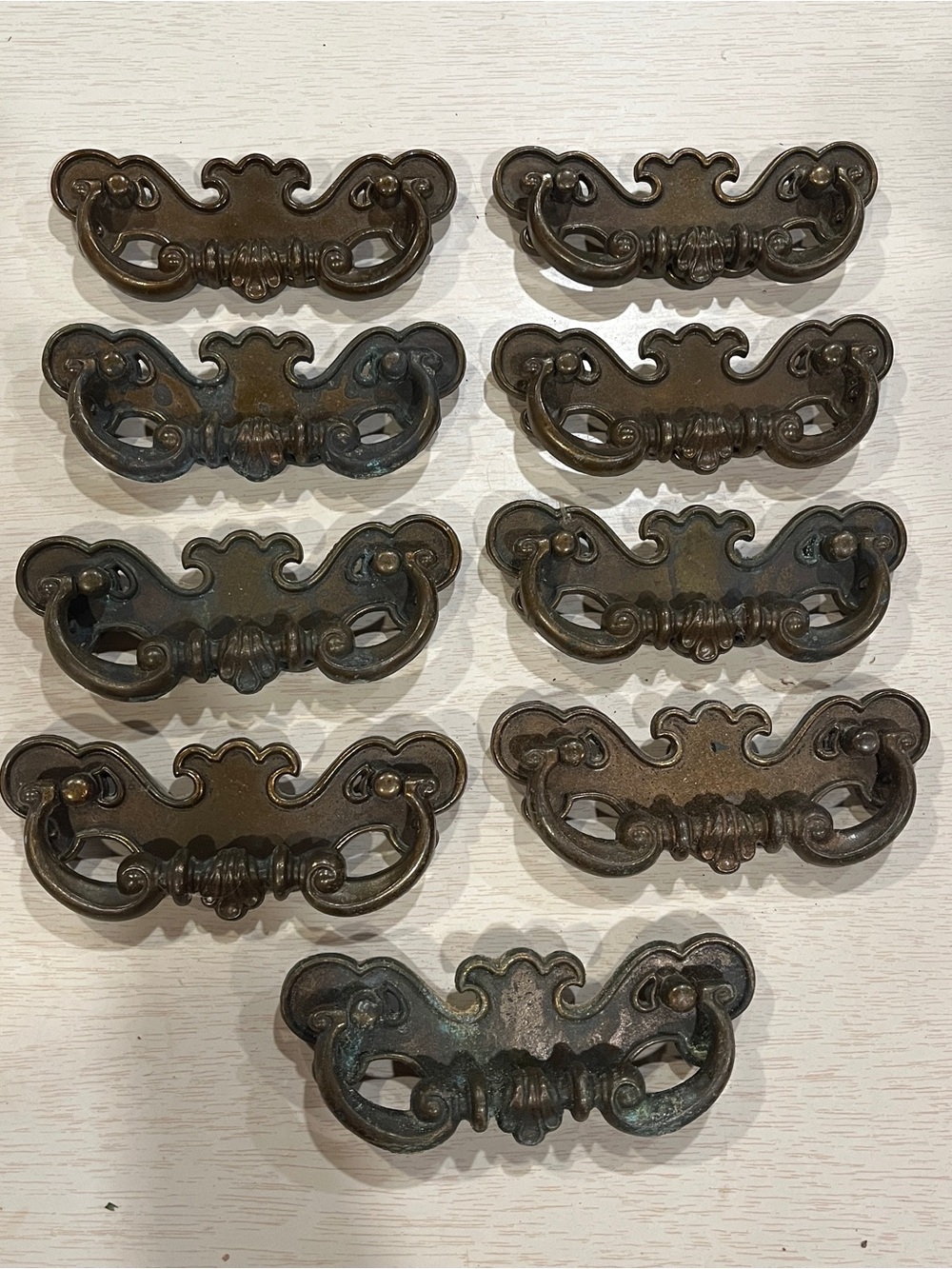 9 Vintage 50s Heavy Brass 5 3/8" Keeler 5331 Ridged Bat Wing Chippendale Pulls